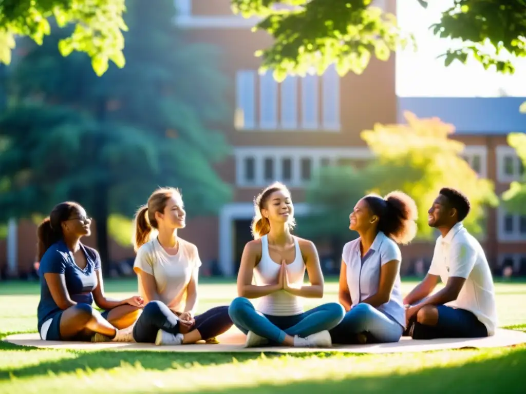 Estudiantes universitarios practican respiración diafragmática, disfrutando de paz y serenidad en el campus