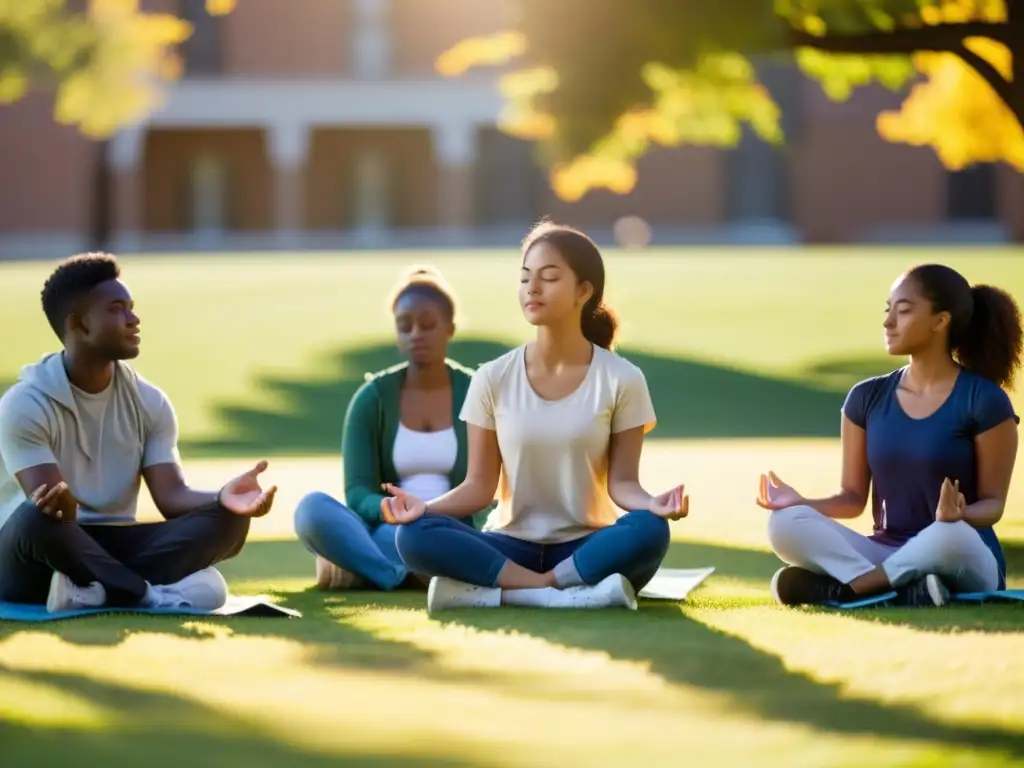 Estudiantes universitarios practicando respiración diafragmática al aire libre, en un ambiente académico sereno y relajado al atardecer