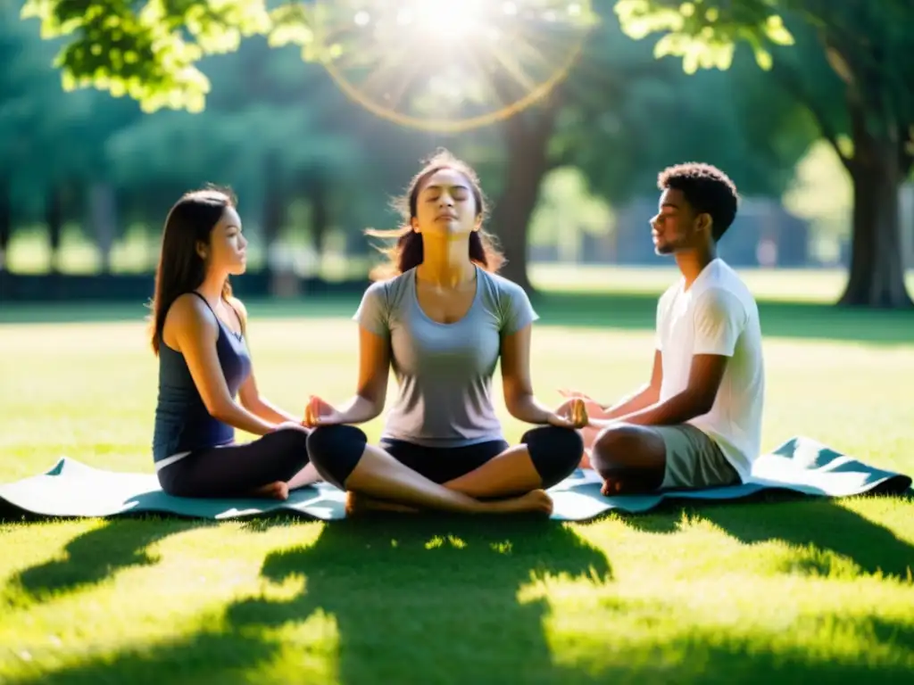 Estudiantes universitarios practicando respiración diafragmática beneficiosamente en un campo soleado, con expresiones calmadas y concentradas