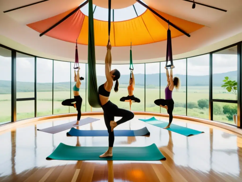 Un estudio de yoga aéreo sereno con luz natural y vistas a un paisaje verde