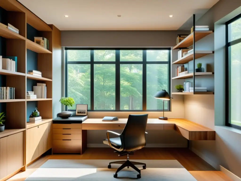 Estudio en casa bien iluminado y espacioso, con escritorio elegante, silla ergonómica y materiales de estudio organizados