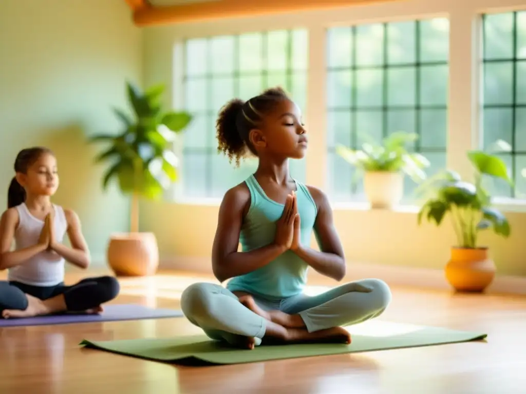 Un estudio iluminado por el sol donde niños practican yoga, en poses que promueven una buena postura y salud ósea