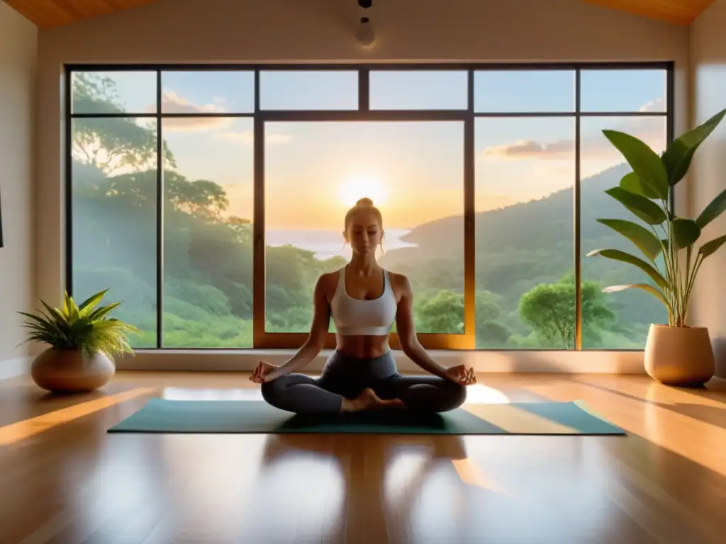 Un estudio de yoga y meditación al amanecer, lleno de serenidad y practicantes en diversas posturas, rodeado de vegetación exuberante y decoración minimalista