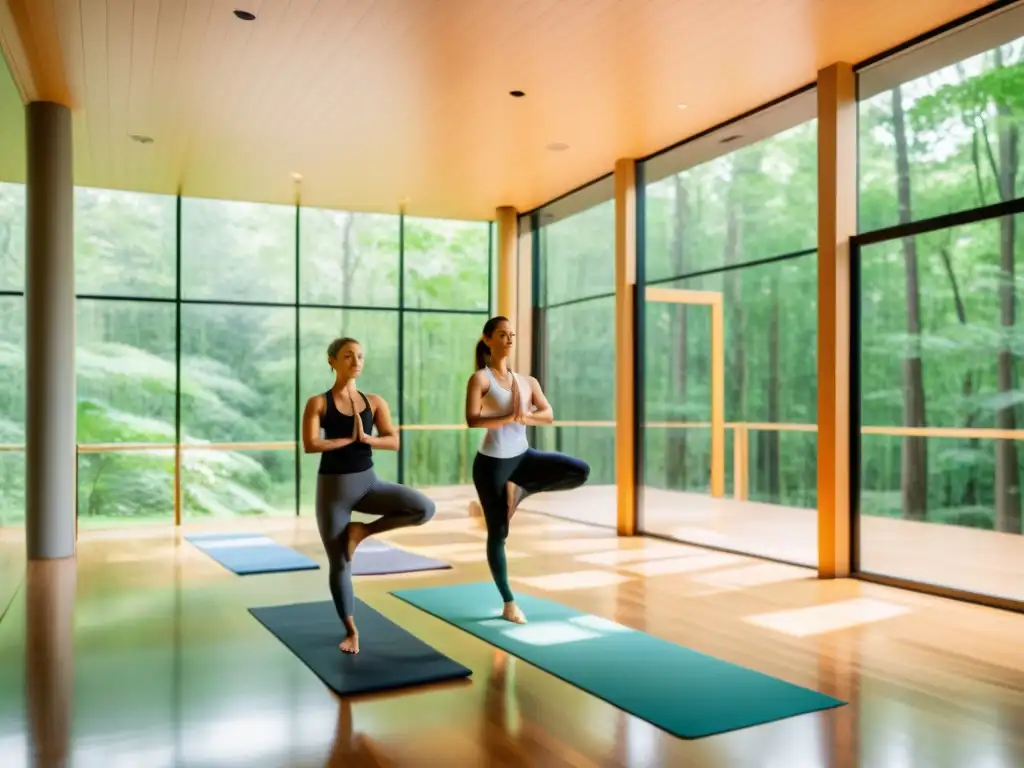 Yoga en el bosque: práctica serena y centrada En un estudio de yoga moderno, diversidad de personas practican técnicas de respiración dinámica