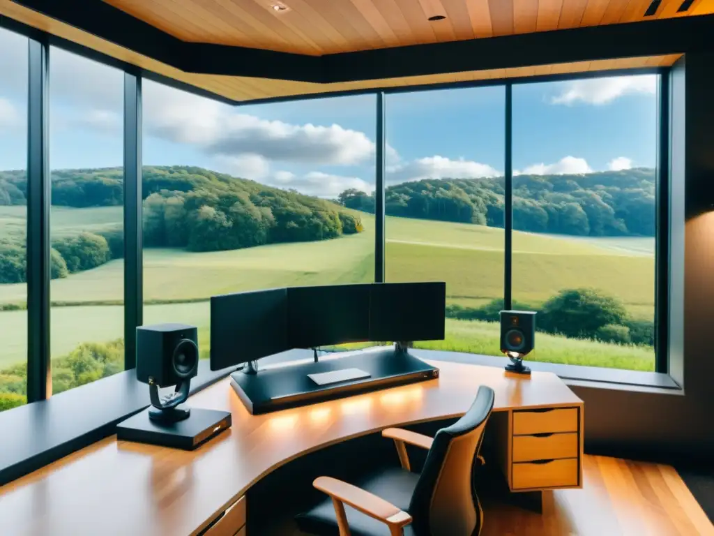 Estudio de grabación moderno con equipo de alta tecnología y vista a paisaje natural