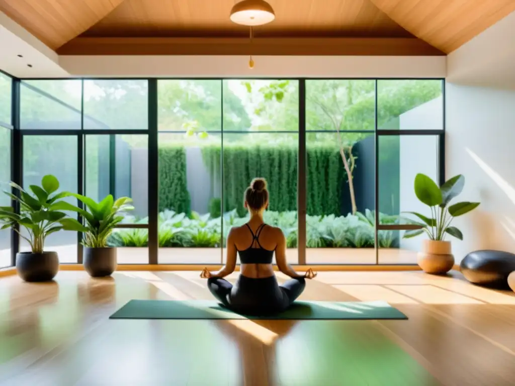 Estudio de yoga moderno, con luz natural, plantas verdes, decoración minimalista y personas practicando yoga y meditación