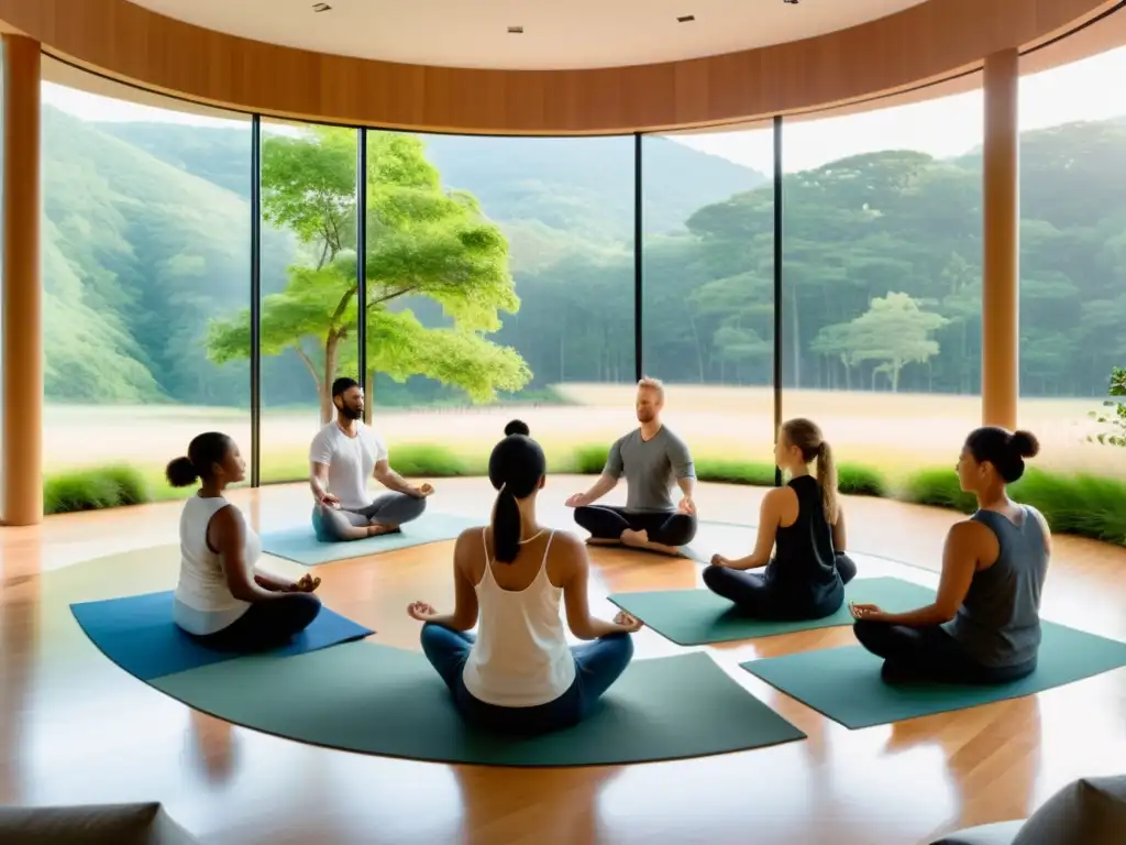 Estudio de meditación moderno con luz natural y paisaje tranquilo