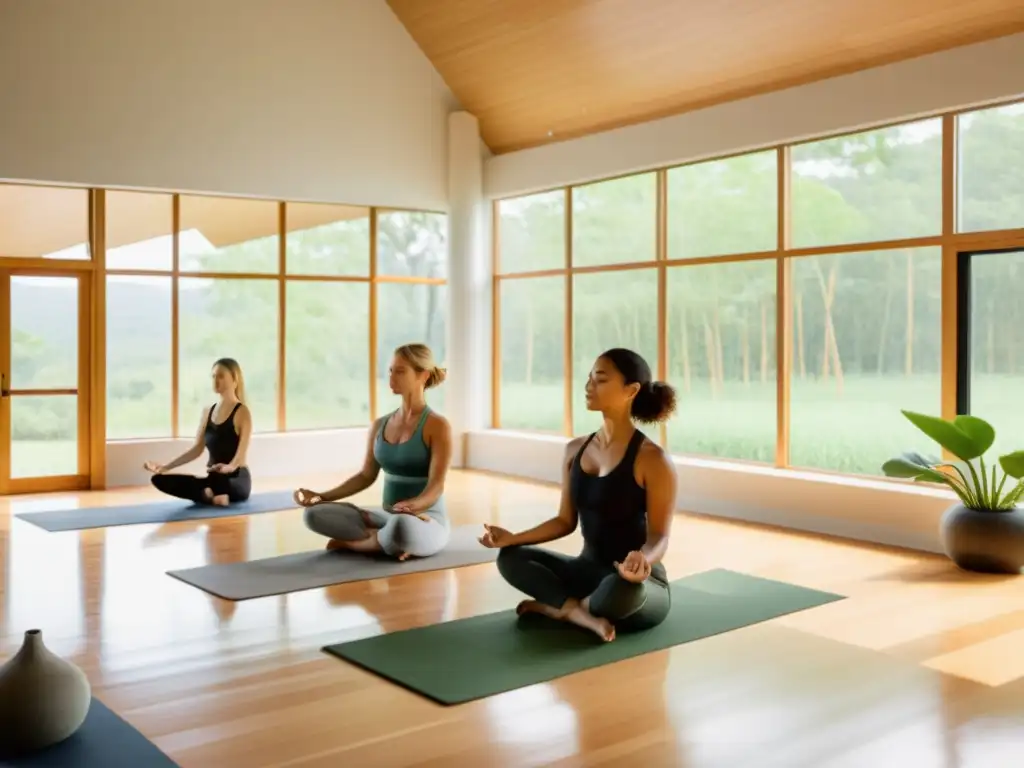 Un estudio de yoga moderno y sereno, bañado en luz natural con vistas a un paisaje verde exuberante