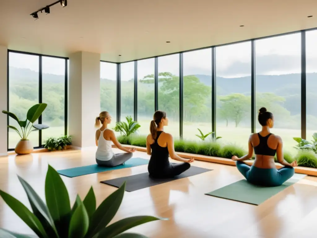 Un estudio de yoga moderno y sereno con grandes ventanales que ofrecen vistas a un paisaje natural