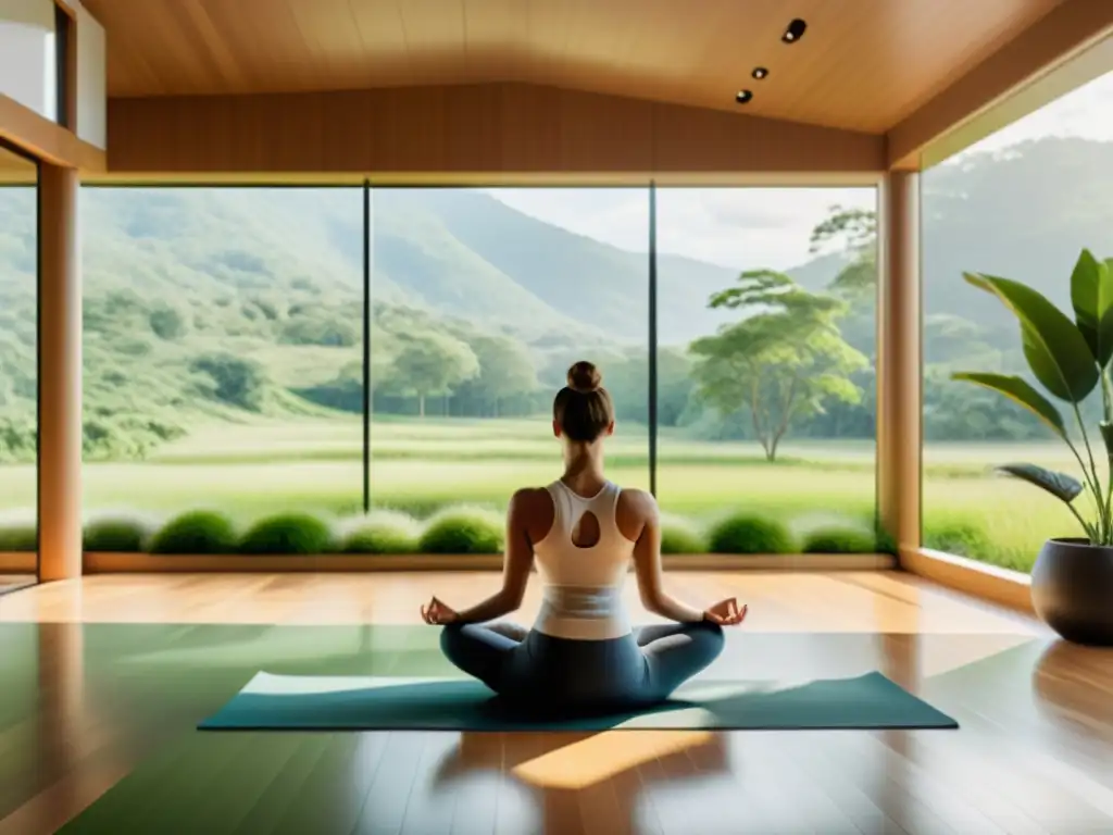 Un estudio de yoga moderno y sereno con grandes ventanales que dan a un paisaje verde y exuberante