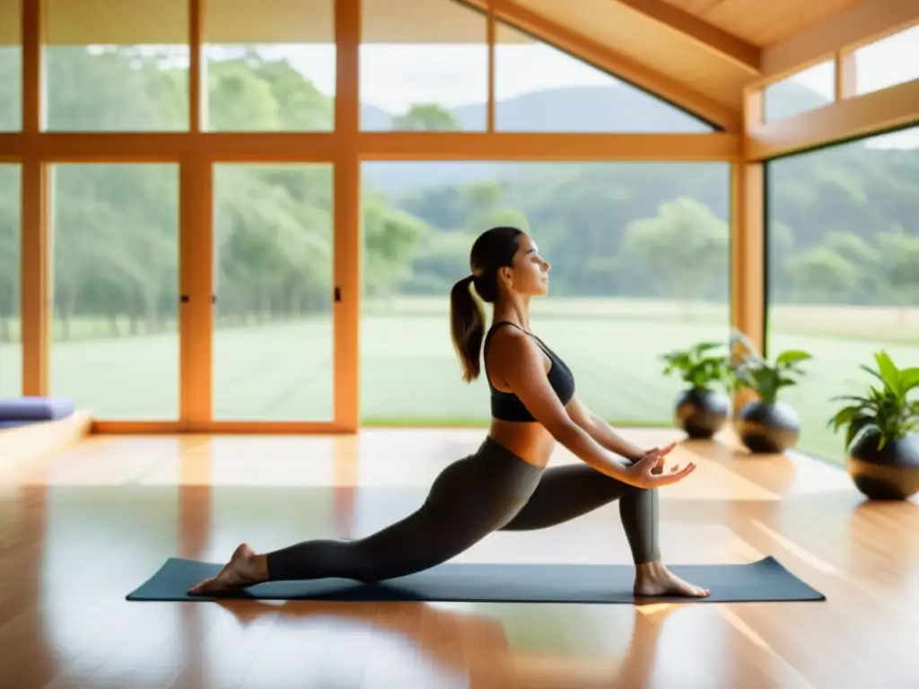 Un estudio de yoga moderno y sereno con grandes ventanas que ofrecen vistas a un exuberante paisaje verde