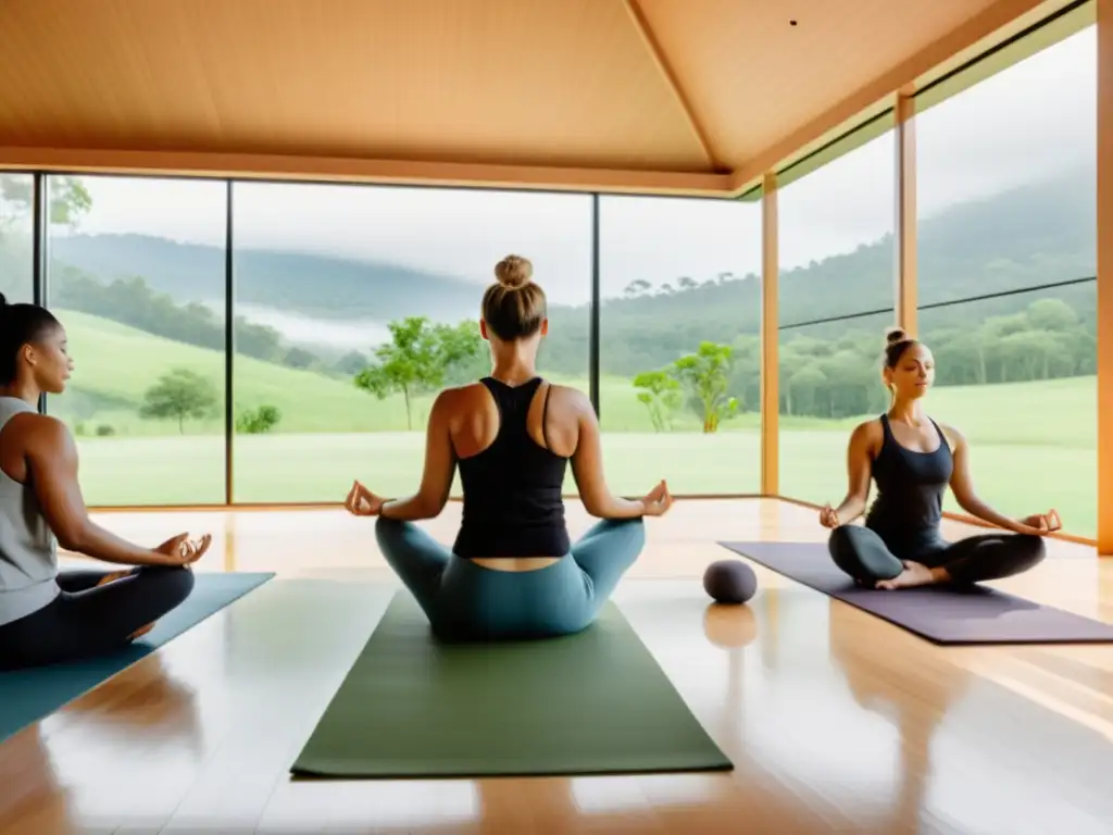 Un estudio de yoga moderno y sereno con grandes ventanas que dan a un paisaje verde exuberante