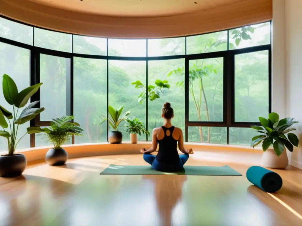 Un estudio de yoga moderno y sereno, iluminado por la luz natural a través de grandes ventanas