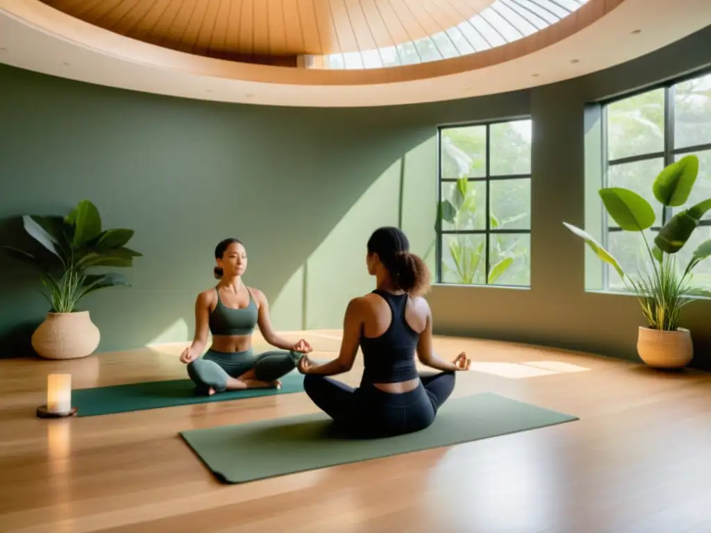 Un estudio de yoga moderno y sereno con luz natural, grupo practicando ejercicios de respiración consciente