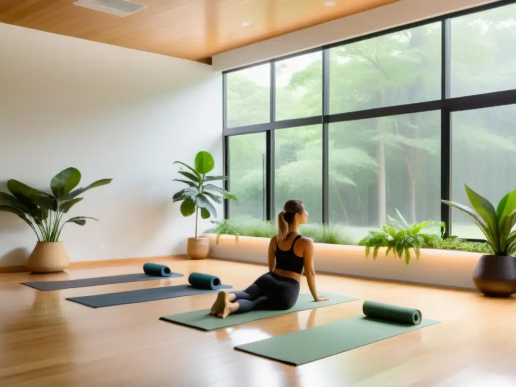 Un estudio de yoga moderno y sereno con luz natural que ilumina a un grupo diverso practicando ejercicios de respiración