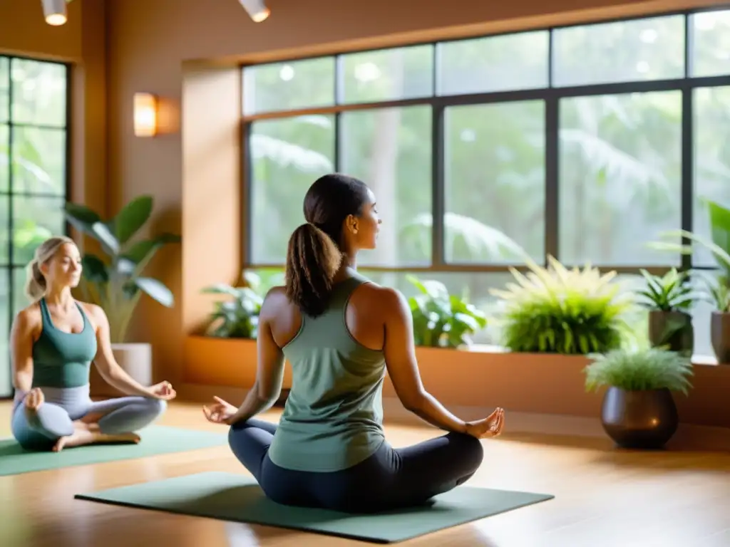 Un estudio de yoga moderno y sereno con luz natural que ilumina a un grupo practicando ejercicios de respiración