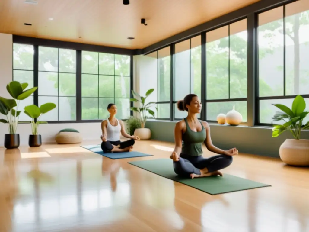 Un estudio de yoga moderno y sereno con luz natural que ilumina a un grupo practicando técnicas de respiración para liberar toxinas