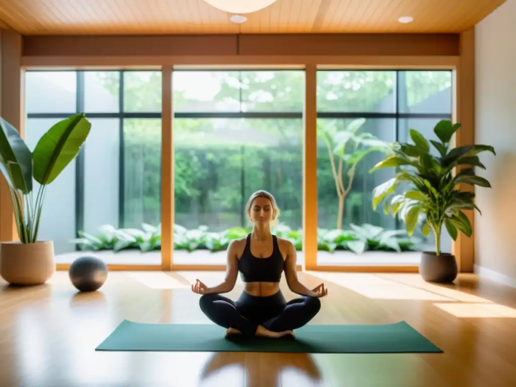 Un estudio de yoga moderno y sereno con luz natural y practicantes enfocados