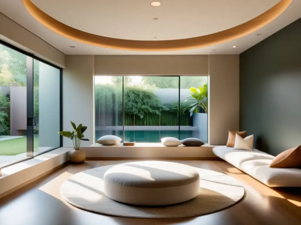 Un estudio de meditación moderno y sereno con decoración minimalista y cojines de meditación en tonos terrosos