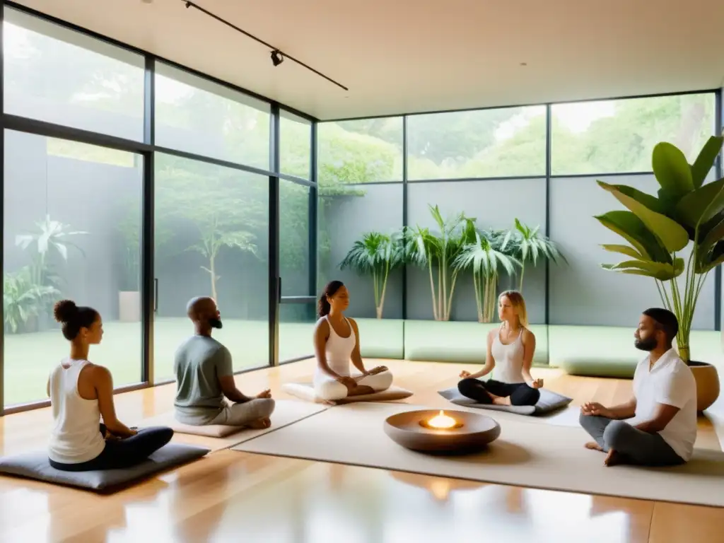 Un estudio de meditación moderno y sereno con participantes en profunda meditación