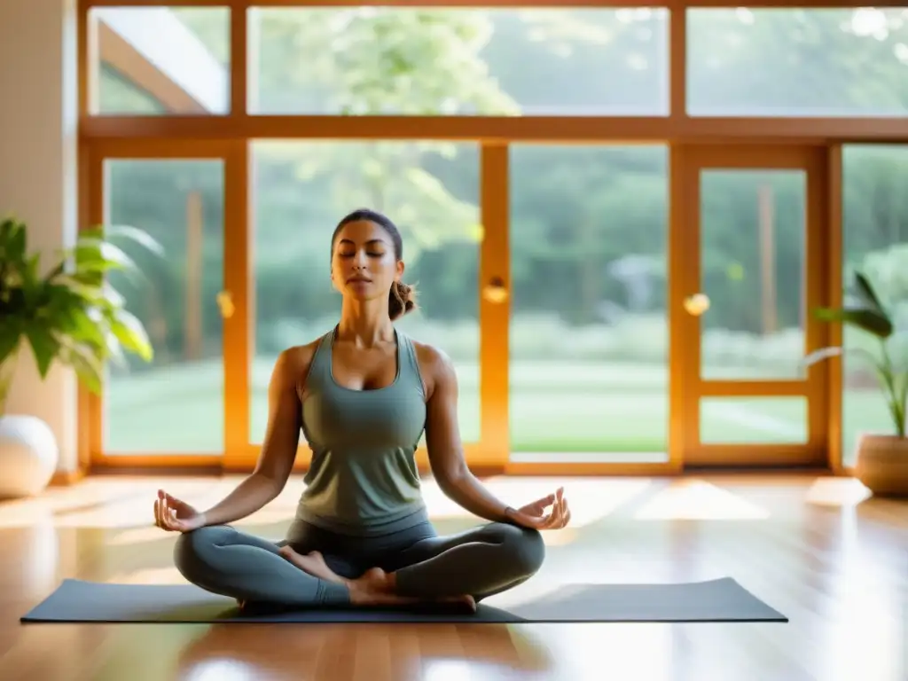 Un estudio de yoga moderno y sereno con practicantes en poses meditativas