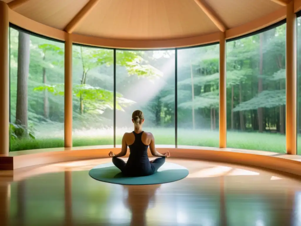 Un estudio de meditación moderno y sereno con ventanales que dan a un frondoso bosque