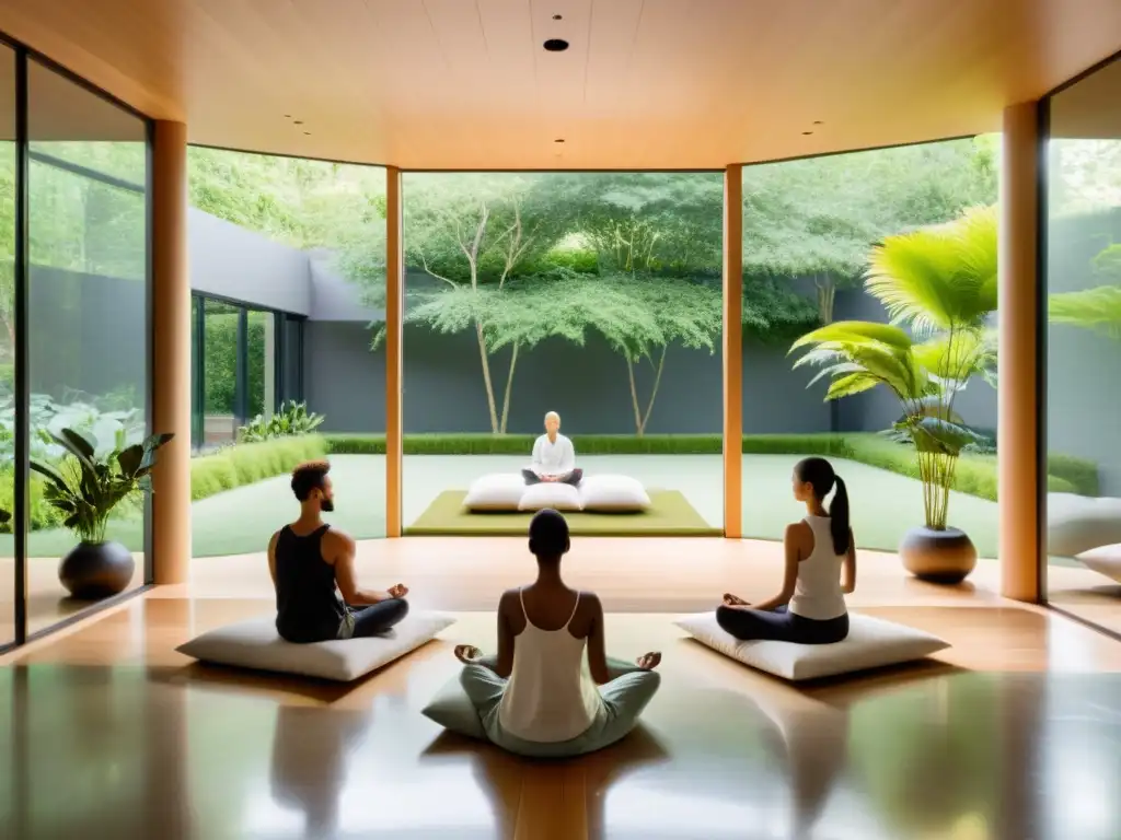 Un estudio de meditación moderno y sereno con ventanales que dan a un jardín tranquilo y exuberante