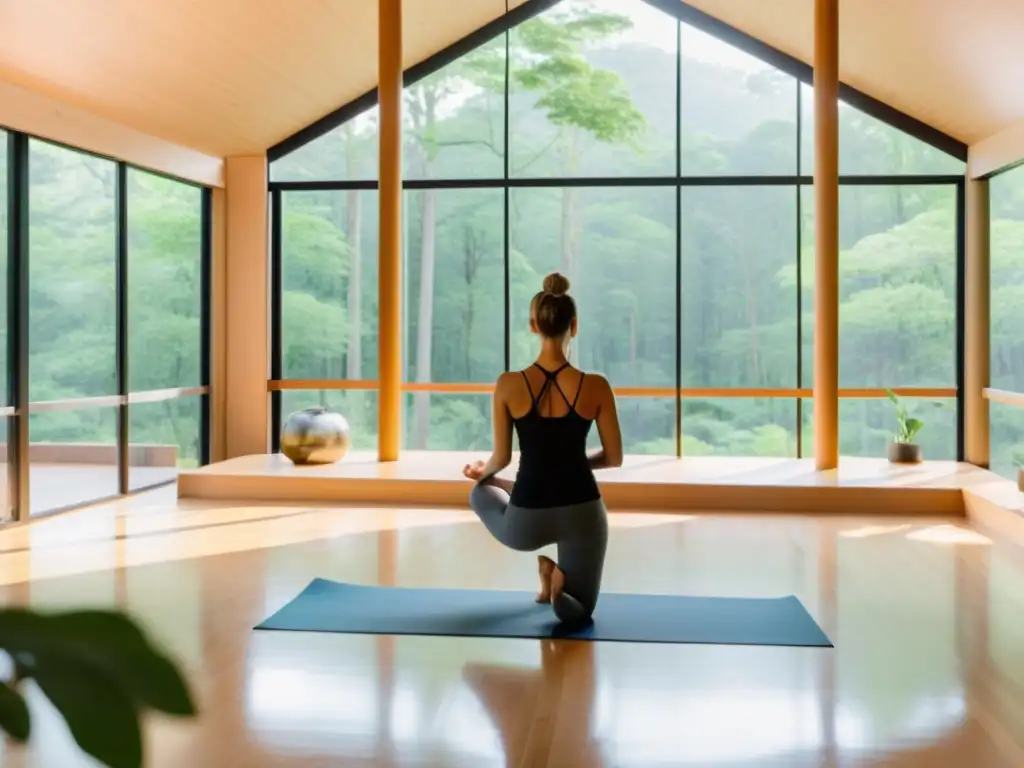 Un estudio de yoga moderno y sereno con ventanales de piso a techo que dan a un frondoso bosque