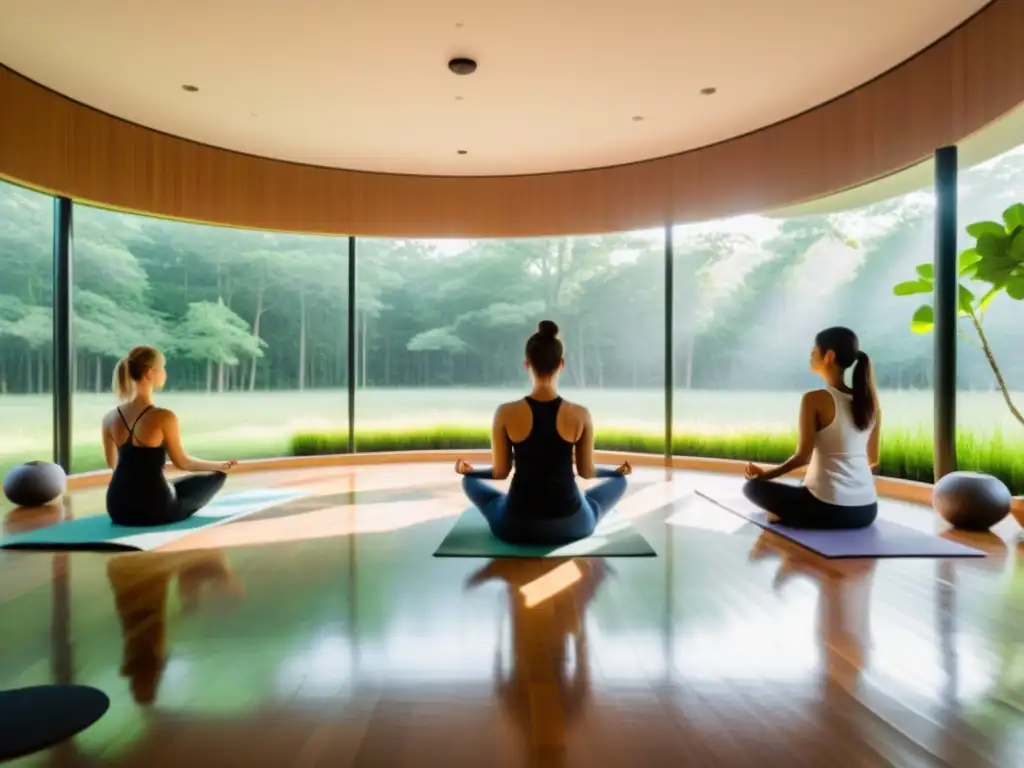 Un estudio de yoga moderno y sereno con ventanas de piso a techo que dan a un exuberante bosque verde