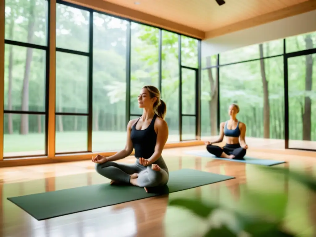 Un estudio de yoga moderno y sereno con vista a un frondoso bosque