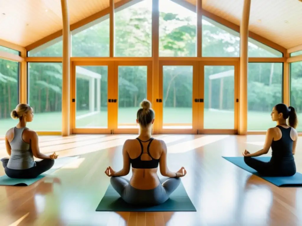 Un estudio de yoga moderno y sereno con vista a un bosque