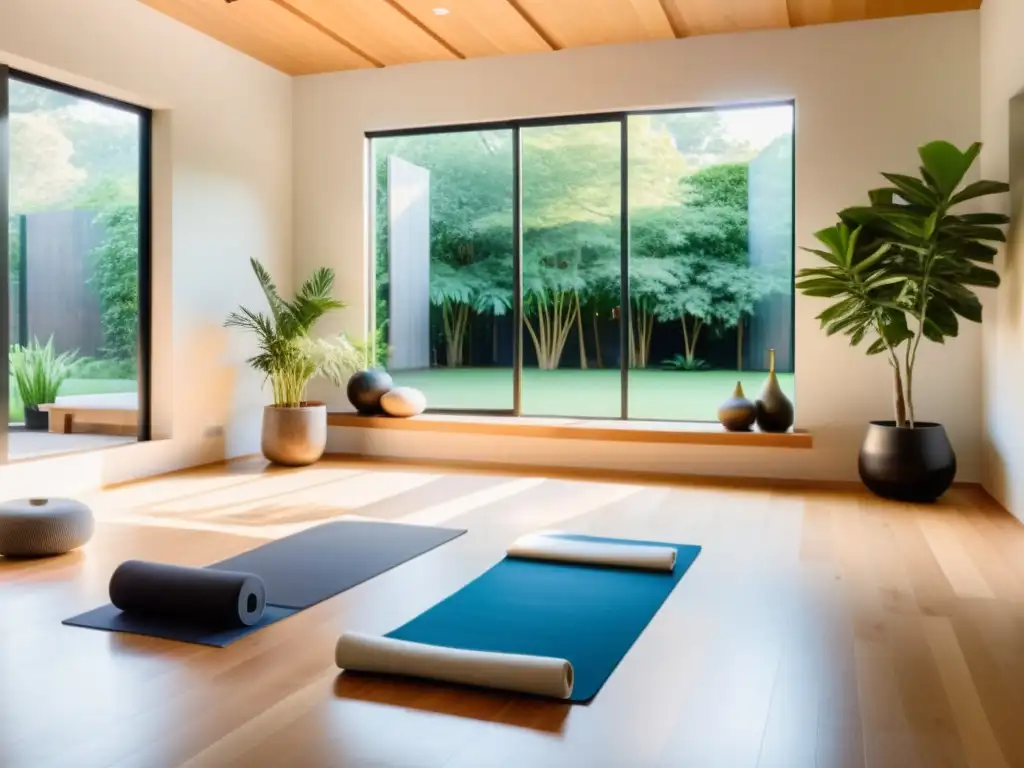 Un estudio de meditación moderno y sereno con vistas a un jardín exuberante