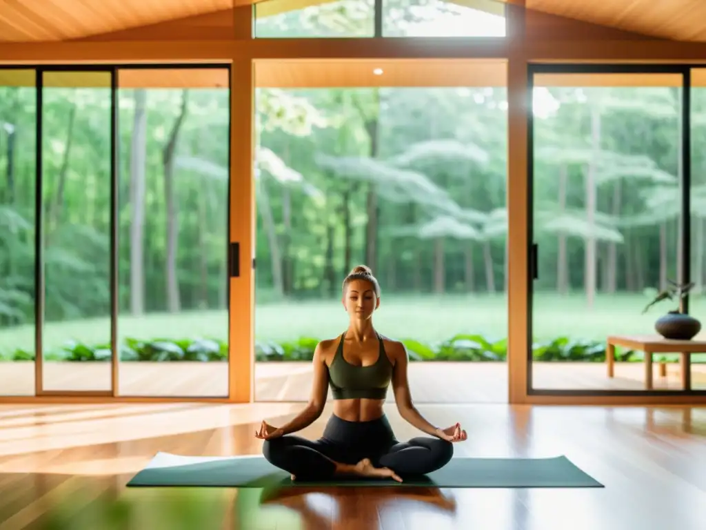 Un estudio de yoga moderno y sereno con vistas a un bosque verde