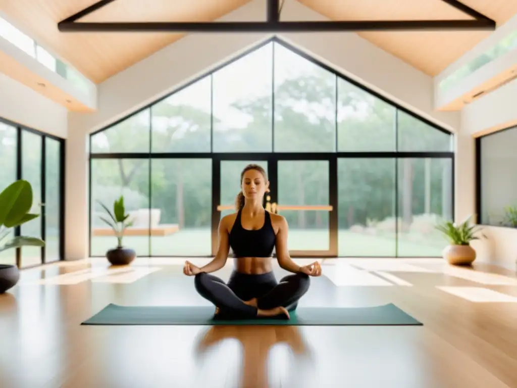 Un estudio de yoga moderno y sereno con vistas a un jardín tranquilo