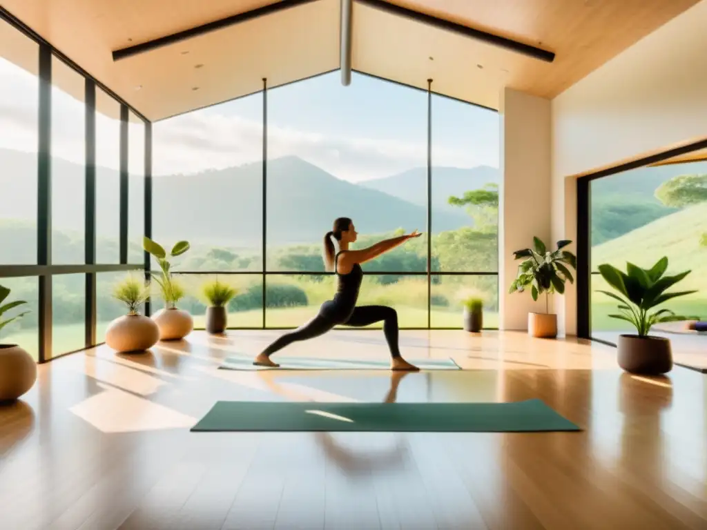 Un estudio de yoga moderno y sereno con vistas a un paisaje verde exuberante