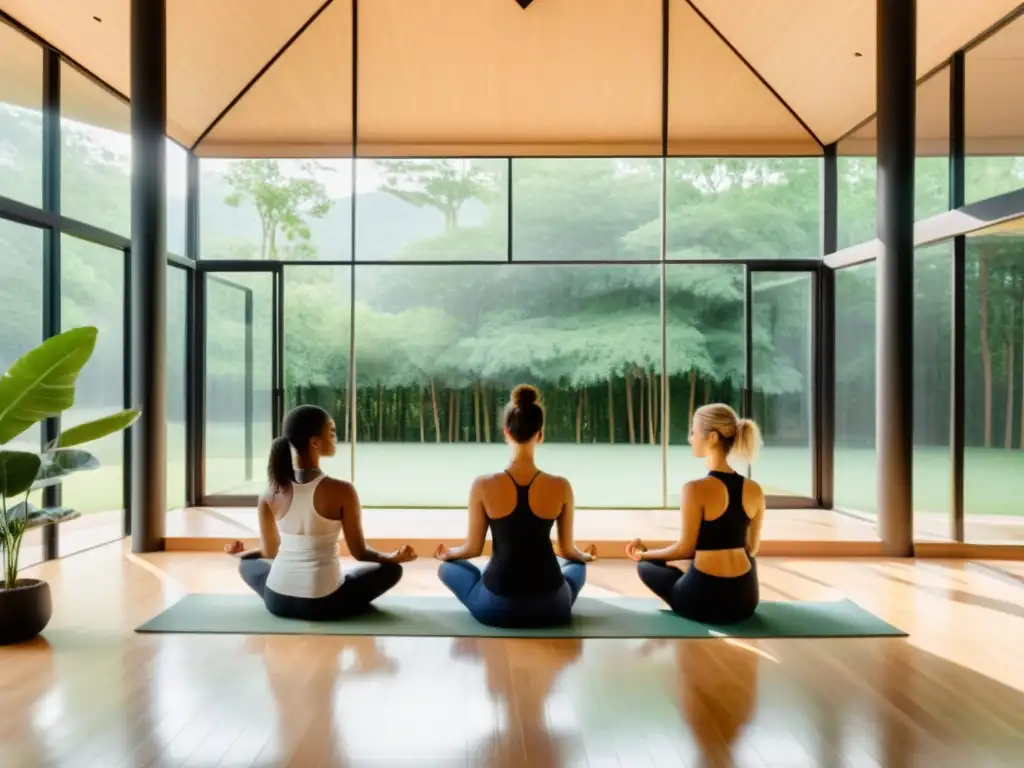 Un estudio de yoga moderno y sereno con vistas a un bosque exuberante