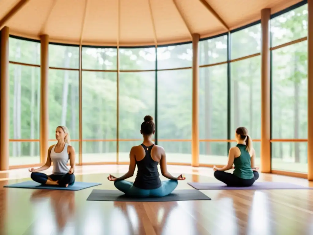 Un estudio de yoga moderno con vista al bosque