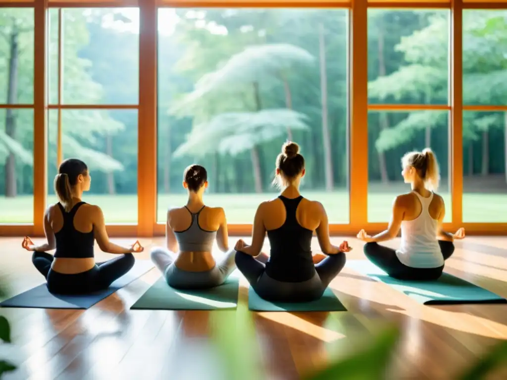 Estudio de yoga moderno con vista a un bosque verde