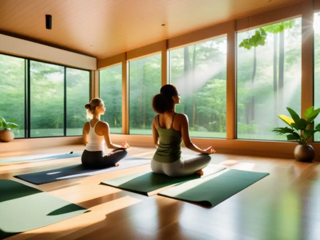 Estudio de yoga moderno con vista a un bosque, luz natural y práctica de respiración consciente para descompresión columna