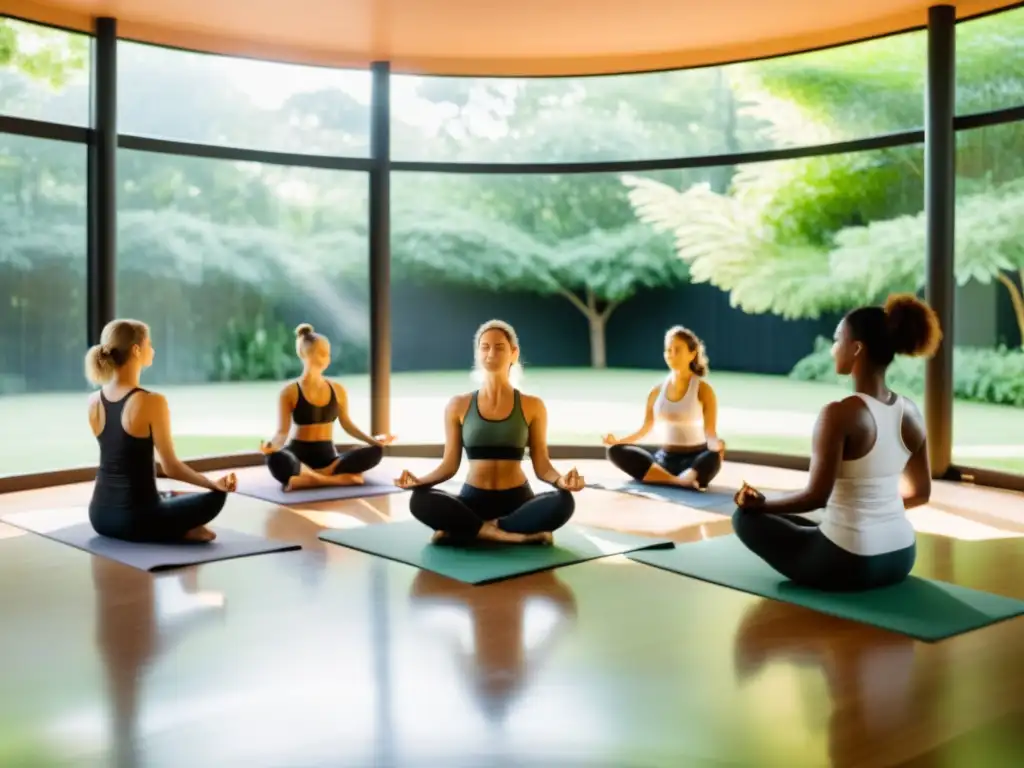 Un estudio de yoga moderno con vistas a un jardín exuberante