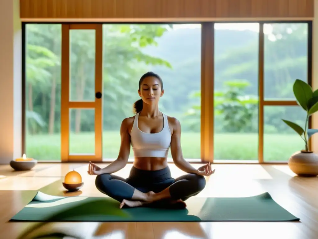 Estudio sereno con vista al bosque, instructor de Pranayama en pose meditativa