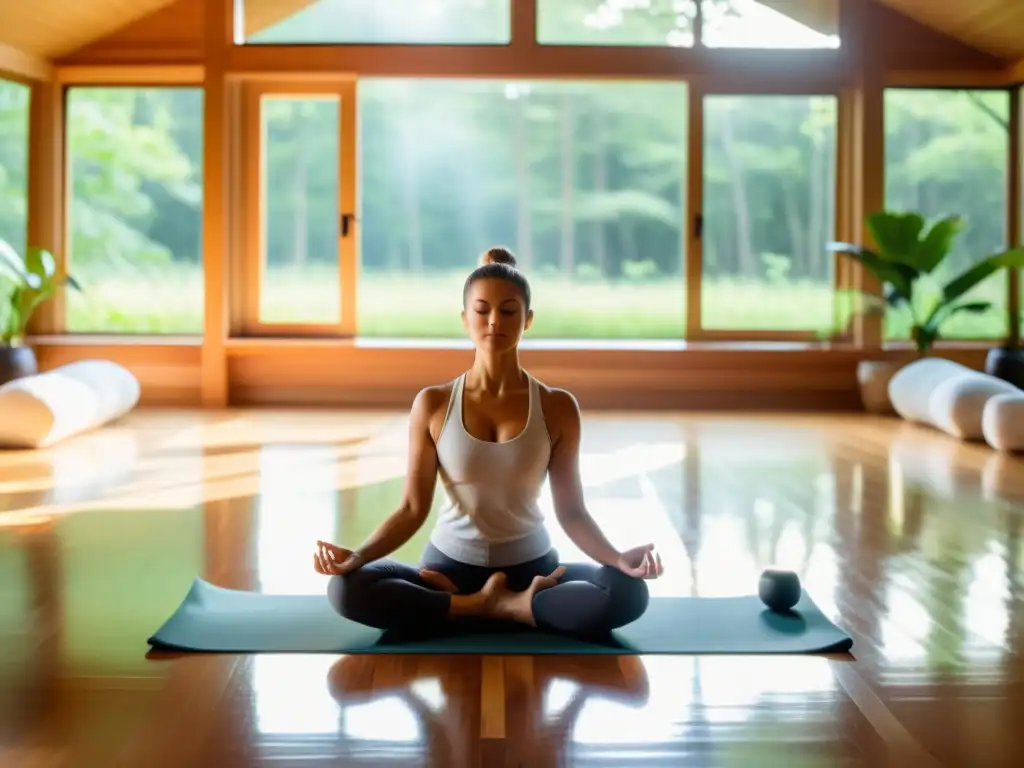 Yoga en un estudio sereno con vistas a un bosque verde