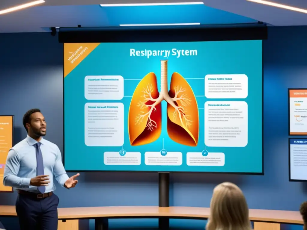 En un estudio de webinar moderno, el anfitrión presenta un diagrama detallado del sistema respiratorio, rodeado de elementos educativos