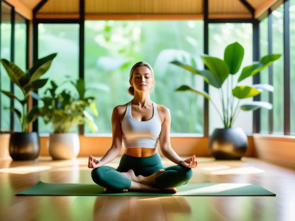 Estudio de yoga sereno con luz natural, plantas verdes y una persona practicando pranayama, irradiando tranquilidad y energía vital