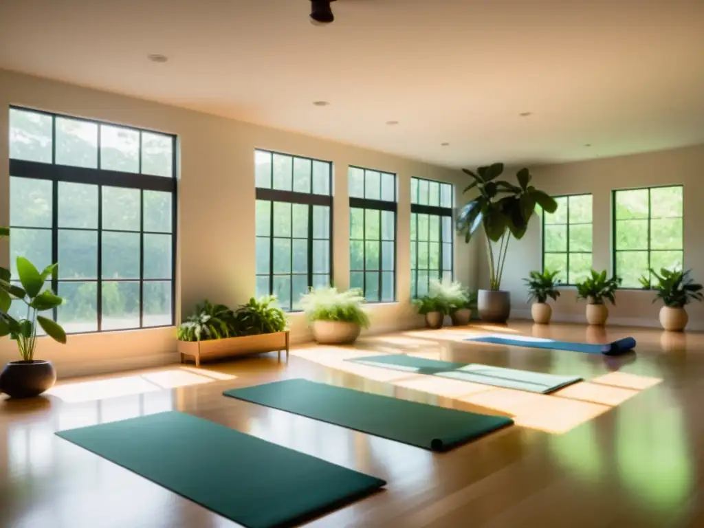 Estudio de yoga sereno con luz natural, practicando respiración diafragmática para fortalecer cuerpo en ambiente relajado y mindfulness