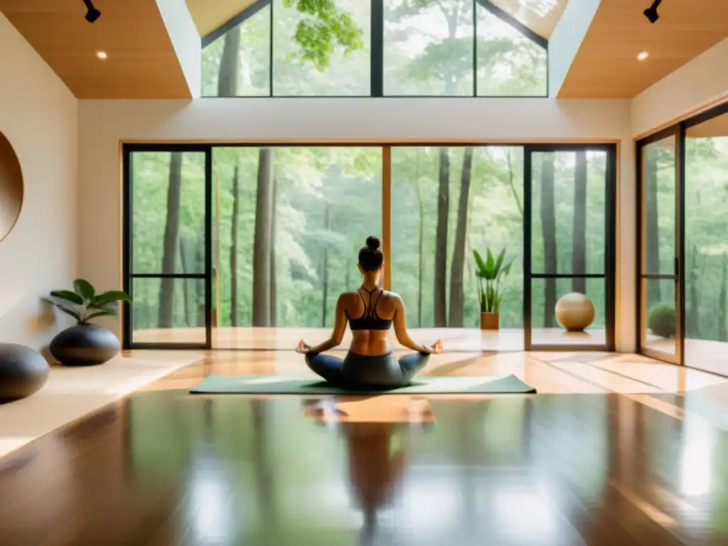 Un estudio de yoga sereno y minimalista con vista a un exuberante bosque