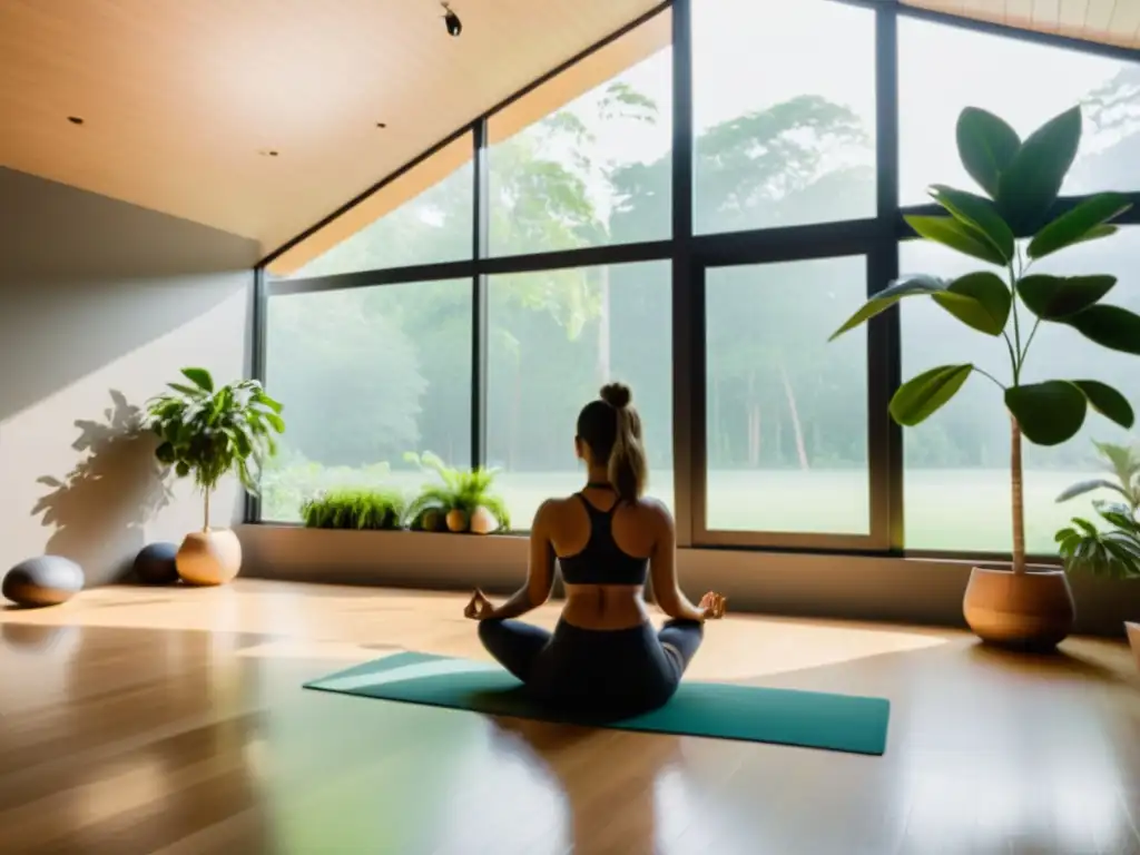 Un estudio de yoga sereno y moderno con luz natural y decoración calmante