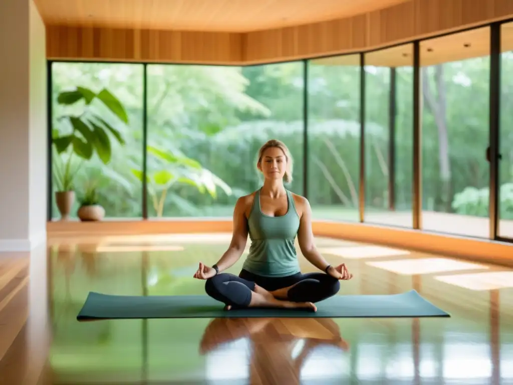 Un estudio de yoga sereno y moderno con luz natural y un jardín verde