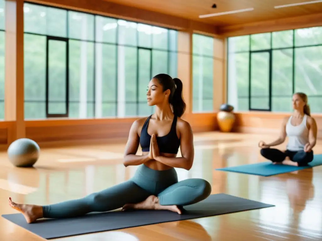 Un estudio de yoga sereno con practicantes en poses diversas que destacan los beneficios del Pranayama en Yoga