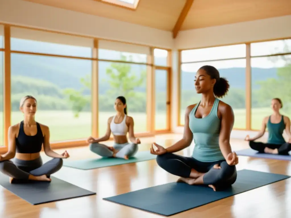 Estudio de yoga sereno con vista a la naturaleza